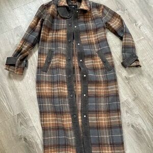 7 For All Mankind, TrenchPlaid Long Coat with Button Details nwt xs